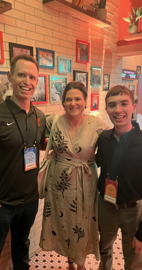 Nathan Zipper, left, chief economic development officer at Williamson Inc., poses with Claire Crunk, founder and CEO of Trace Femcare, and Brentwood High School senior Anthony Beckett at South by Southwest in Austin, Texas.