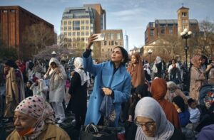 Muslims gather to perform an Eid al-Fitr prayer, marking the end of the fasting month of Ramadan at Washington Square Park on Wednesday, April 10, 2024, in New York. (AP Photo/Andres Kudacki)