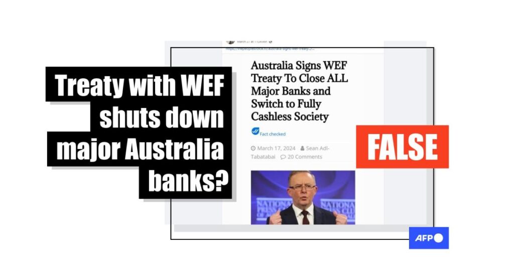 Australia did not sign treaty with World Economic Forum to 'close banks'