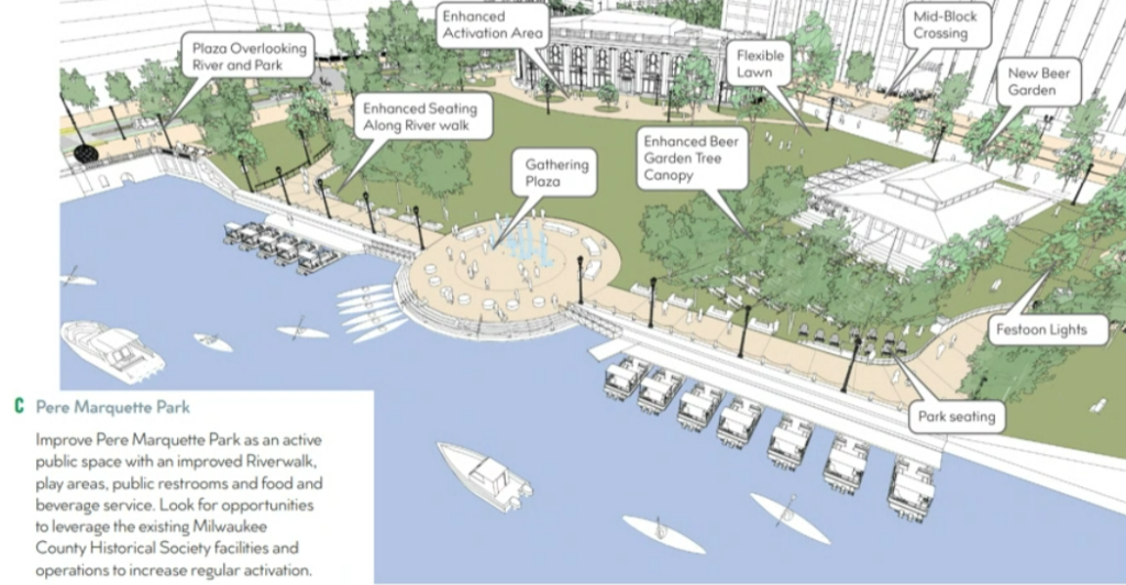 A new design for planned Pere Marquette Park improvements would be funded under a proposal pending before city officials.