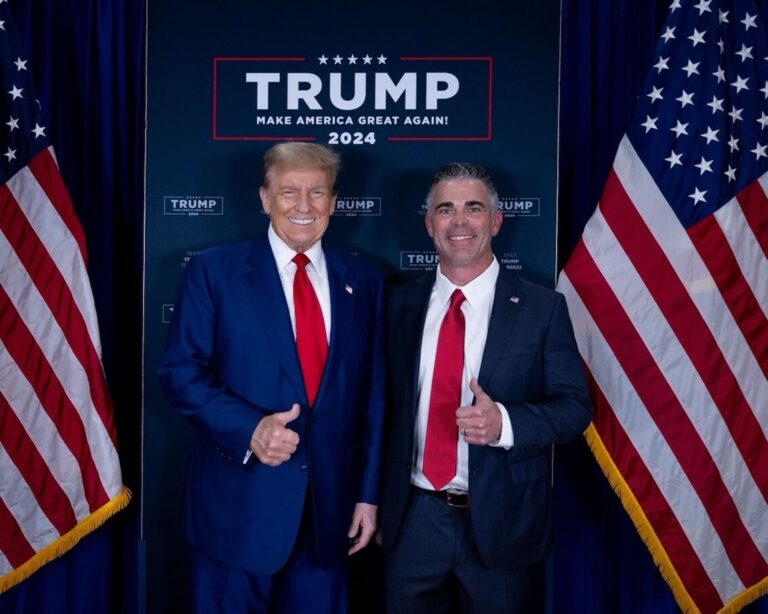 Ex-gas station chain owner Tony Wied, right, is shown with former President Donald Trump during a Trump campaign rally in Green Bay on April 2, 2024. Trump on Sunday endorsed Wied