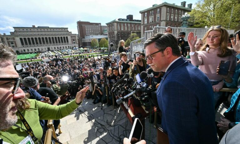 US House speaker jeered at Columbia as tensions rise over campus protests