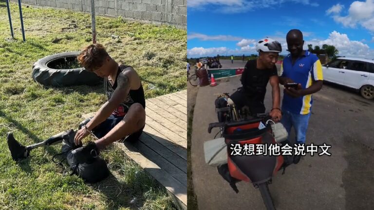 Chinese man who lost his arm and leg travels the world on his bike