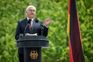 German President Frank-Walter Steinmeier speaks during the state ceremony to mark "75 years of the Basic Law" on the forum between the Bundestag and the Federal Chancellery. The Basic Law of the Federal Republic of Germany was promulgated on May 23, 1949 and came into force the following day where the anniversary will be celebrated with a three-day democracy festival from 24 to 26 May 2024 in Berlin's government district. Kay Nietfeld/dpa