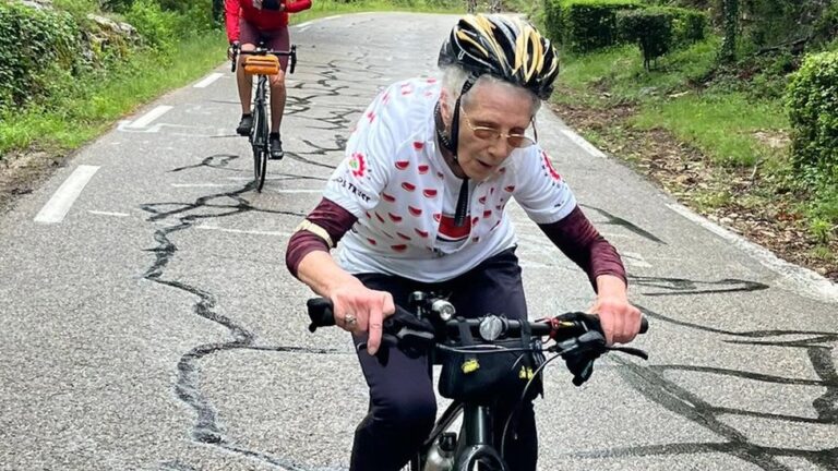 Anne Jones cycling up the mountain