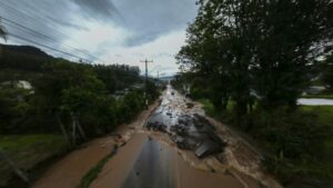 Aerial view of a flooded road after heavy rains in Encantado city, Rio Grande do Sul, Brazil on April 30, 2024 (Gustavo Ghisleni)