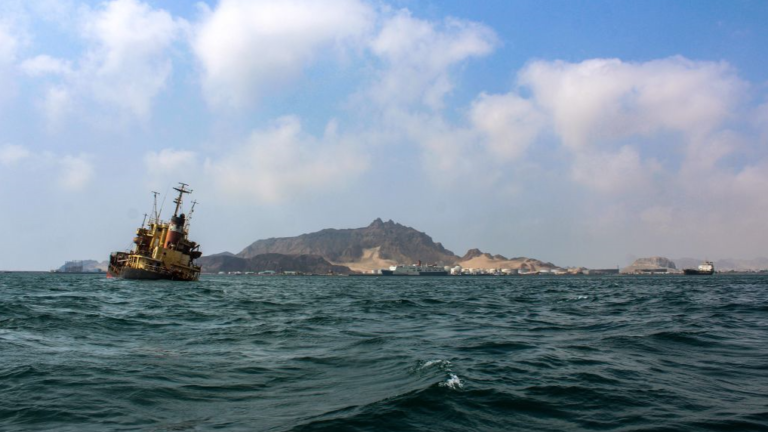 A picture taken on September 26, 2019 shows a view of the Yemeni flagged oil tanker Rudeef GNA, sinking in the waters off Yemen's second city and port of Aden